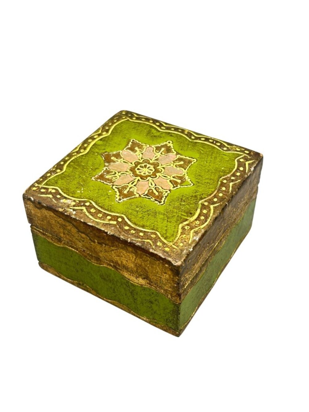 Vintage Florentine Trinket Jewelry Box Made In Italy Gold And Green Small Square